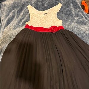 Emily West Black Dress with White Lace and Red Sash